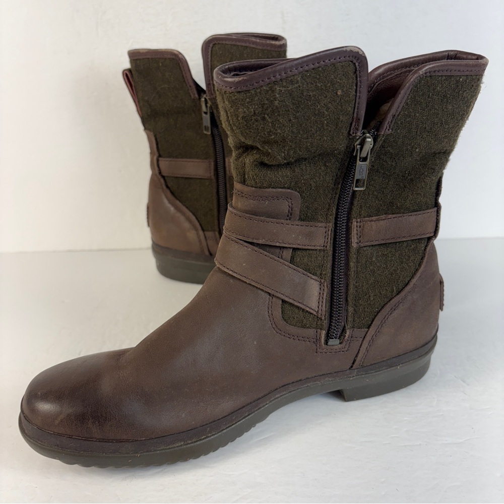 UGG Simmens Women Waterproof Brown Leather Boots - Olive Green Wool Biker Moto 8 - Picture 3 of 9